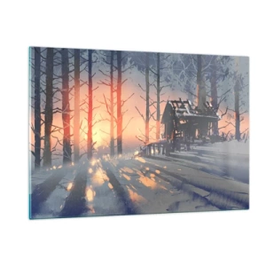 Glasbild - Bild auf glas - Winterwald bei Sonnenuntergang mit einem Häuschen im Hintergrund - 120x80cm - Hier sieht nur die Sonne rein - Moderne Wanddekoration für Wohnzimmer und Schlafzimmer ARTTOR