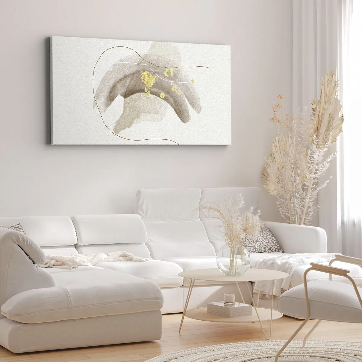 Bild auf Leinwand - Leinwandbild - Eine abstrakte Komposition in Beige- und Goldtönen. - 140x50cm - Im Weltraum begegnet - Moderne Wanddekoration für Wohnzimmer und Schlafzimmer ARTTOR