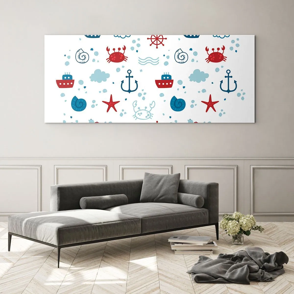 Glasbild - Bild auf glas - Nautisches Muster mit Ankern, Schiffen und Krabben - 140x50cm - Märchen vom Meer - Moderne Wanddekoration für Wohnzimmer und Schlafzimmer ARTTOR