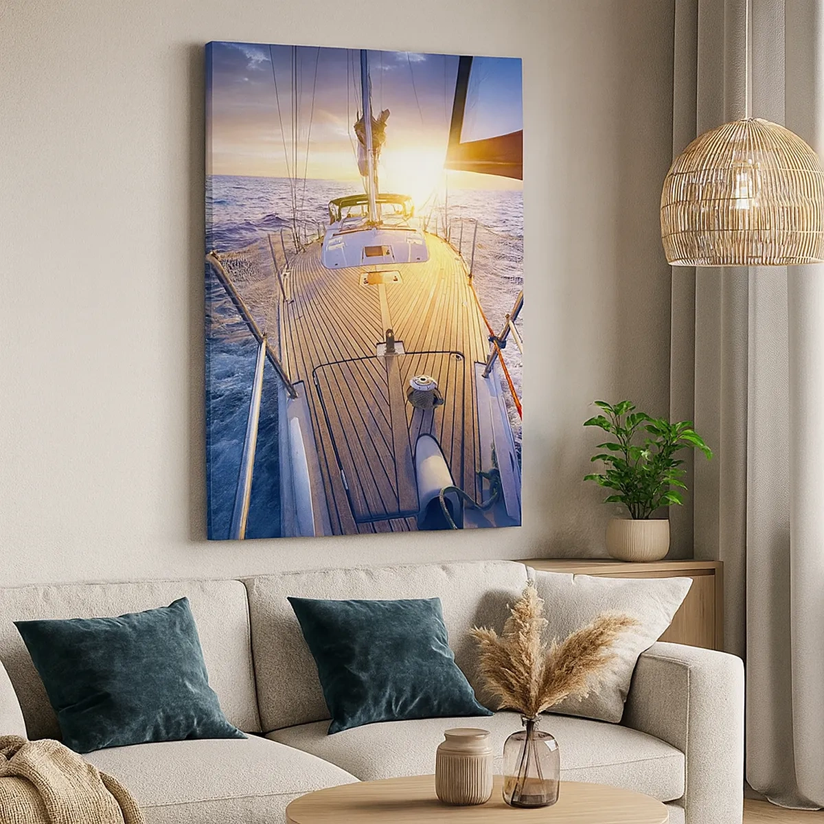 Bild auf Leinwand - Leinwandbild - Yacht auf See bei Sonnenuntergang - 50x70cm - Laufen unter den Wellen - Moderne Wanddekoration für Wohnzimmer und Schlafzimmer ARTTOR
