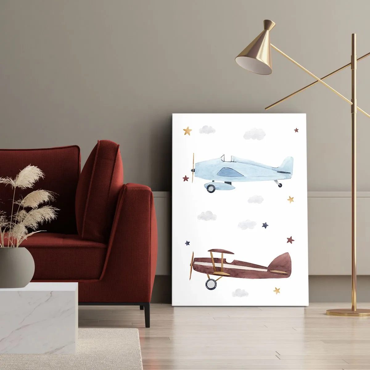 Bild auf Leinwand - Leinwandbild - Handbemalte Flugzeuge vor einem Hintergrund aus Wolken und Sternen - 50x70cm - Wir warten, Herr Pilot! - Moderne Wanddekoration für Wohnzimmer und Schlafzimmer ARTTOR