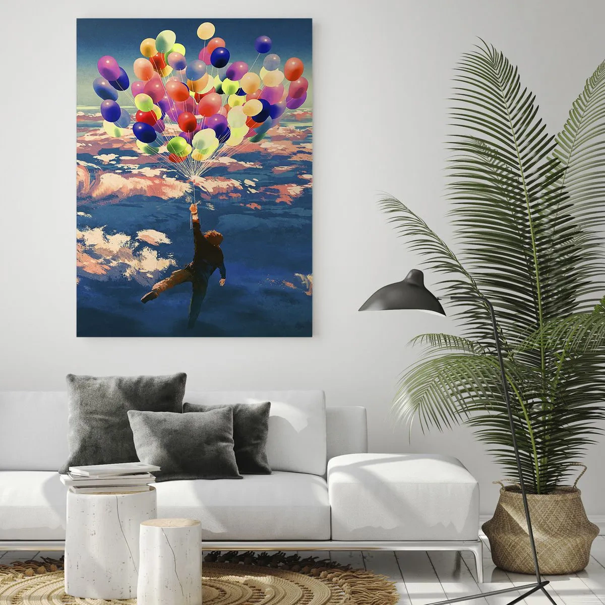 Glasbild - Bild auf glas - Eine Figur, die von bunten Ballons in die Luft getragen wird - 50x70cm - Ein Kindheitstraum wird wahr - Moderne Wanddekoration für Wohnzimmer und Schlafzimmer ARTTOR