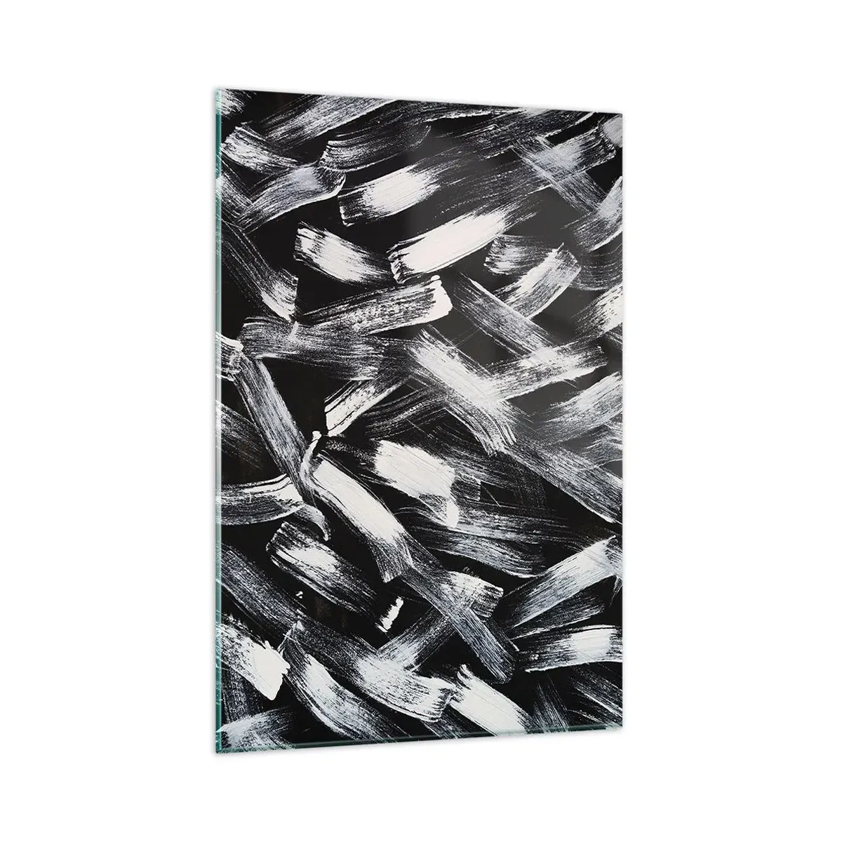 Glasbild - Bild auf glas - Dynamische Abstraktion mit weißen Pinselstrichen auf schwarzem Hintergrund. - 80x120cm - Abstraktion im industriellen Geist - Moderne Wanddekoration für Wohnzimmer und Schlafzimmer ARTTOR