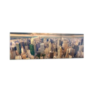 Glasbild - Bild auf glas - Stadtpanorama mit Blick auf Wolkenkratzer bei Sonnenuntergang - 160x50cm - Vergoldete Metropole - Moderne Wanddekoration für Wohnzimmer und Schlafzimmer ARTTOR