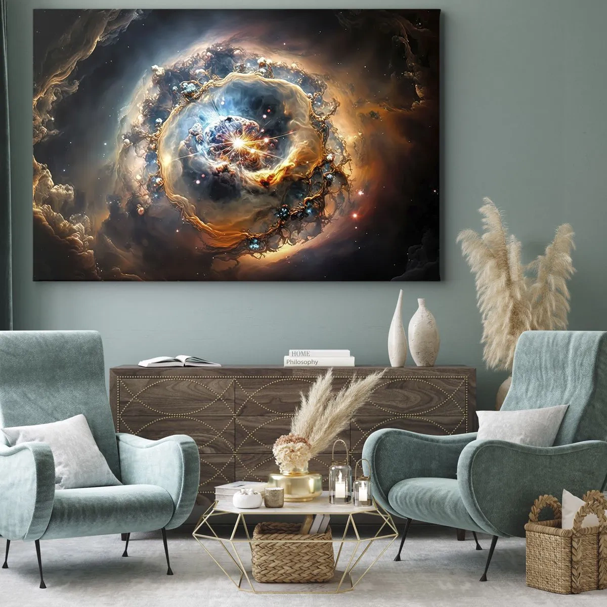 Bild auf Leinwand - Leinwandbild - Eine abstrakte Vision einer kosmischen Explosion in Gold- und Blautönen. - 70x50cm - Anfang - Moderne Wanddekoration für Wohnzimmer und Schlafzimmer ARTTOR