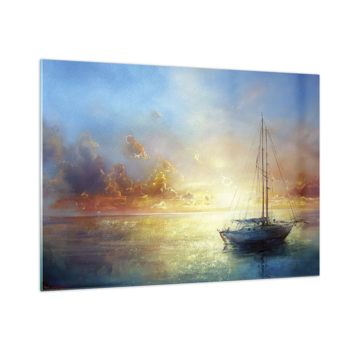 Glasbild - Bild auf glas - Ein Segelboot auf ruhiger See bei einem goldenen Sonnenuntergang - 100x70cm - In einer goldenen Bucht - Moderne Wanddekoration für Wohnzimmer und Schlafzimmer ARTTOR