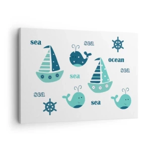 Bild auf Leinwand - Leinwandbild - Bezaubernde nautische Motive mit Walen und Segelbooten - 70x50cm - Über die Meere und Ozeane - Moderne Wanddekoration für Wohnzimmer und Schlafzimmer ARTTOR