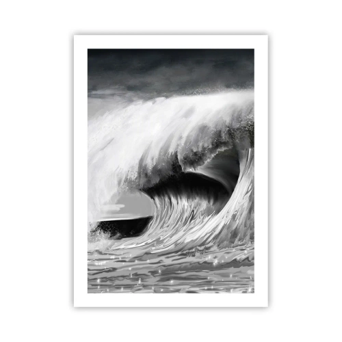 Poster - Eine kraftvolle Welle in Grautönen - 50x70cm - Wut des Ozeans - Moderne Wanddekoration für Wohnzimmer und Schlafzimmer ARTTOR