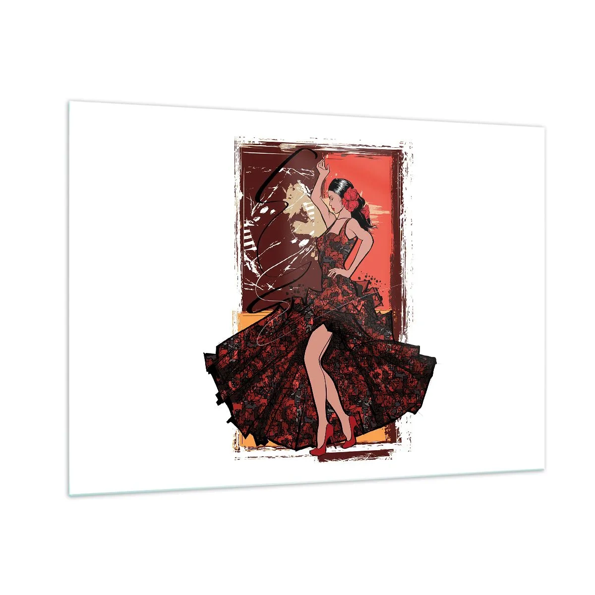 Glasbild - Bild auf glas - Flamenco-Tänzerin in einem eleganten rot-schwarzen Kleid - 100x70cm - Im Rhythmus des Herzens - Moderne Wanddekoration für Wohnzimmer und Schlafzimmer ARTTOR