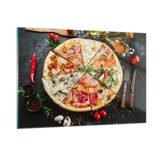 Glasbild - Bild auf glas - Pizza in verschiedenen Geschmacksrichtungen mit Belag auf dunklem Hintergrund - 120x80cm - Eine Reihe von Geschmacksrichtungen - Moderne Wanddekoration für Wohnzimmer und Schlafzimmer ARTTOR