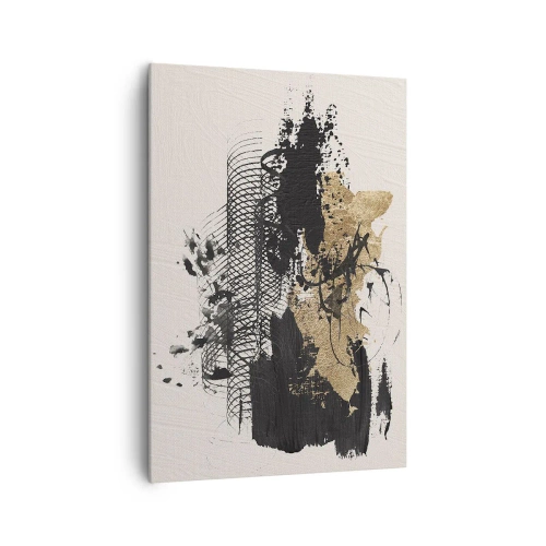 Bild auf Leinwand - Leinwandbild - Ein abstraktes Gemälde in Schwarz und Gold mit dynamischen Linien und Strukturen. - 70x100cm - Komposition mit Leidenschaft - Moderne Wanddekoration für Wohnzimmer und Schlafzimmer ARTTOR