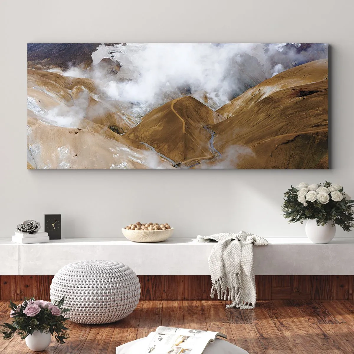 Bild auf Leinwand - Leinwandbild - Eine Berglandschaft mit Dampf in einem rauen Klima - 120x50cm - Islands rohe Schönheit - Moderne Wanddekoration für Wohnzimmer und Schlafzimmer ARTTOR