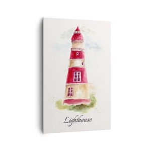 Bild auf Leinwand - Leinwandbild - Ein Aquarell eines Leuchtturms auf hellem Hintergrund mit einer Inschrift - 80x120cm - Das Wetter ringsum ist immer gut - Moderne Wanddekoration für Wohnzimmer und Schlafzimmer ARTTOR