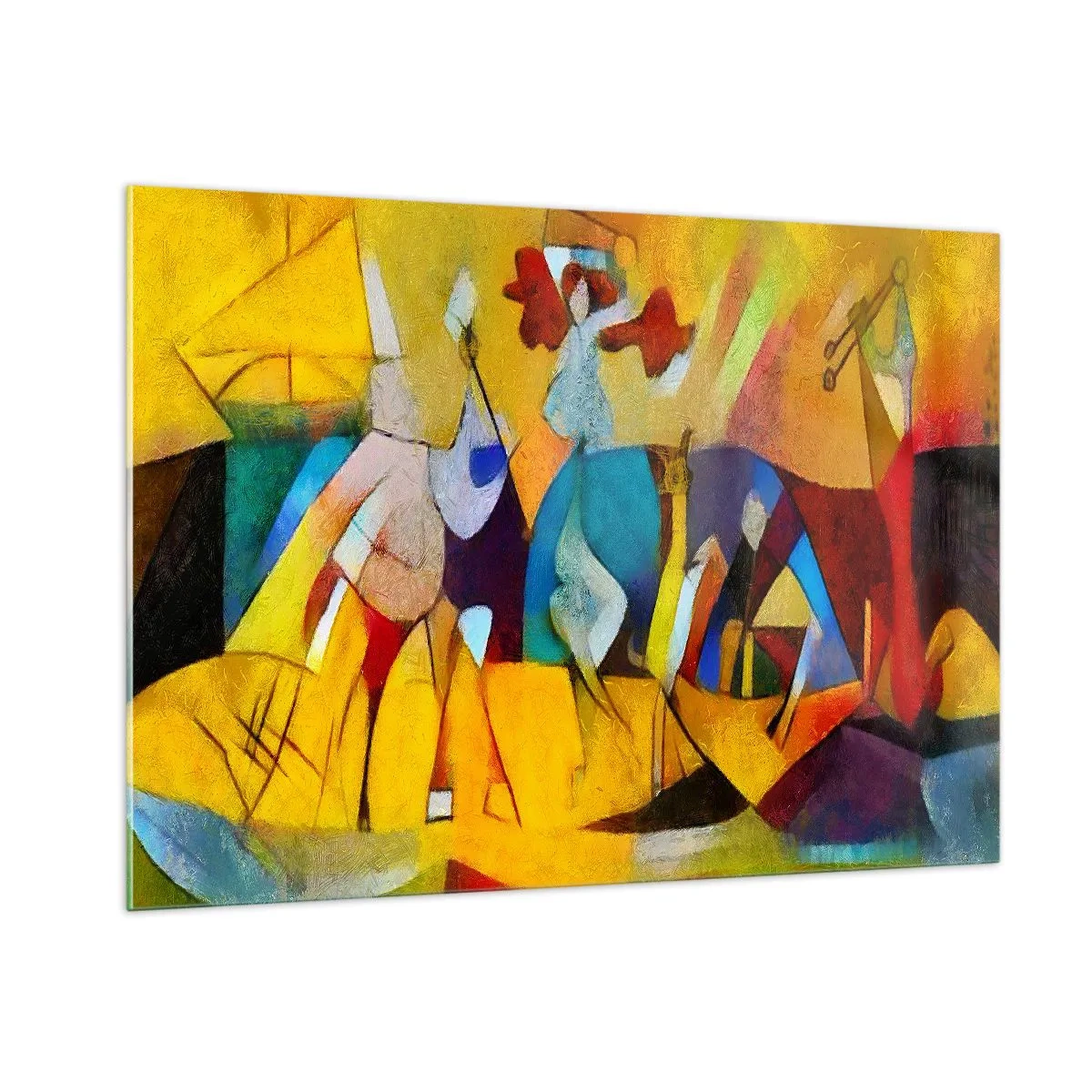 Glasbild - Bild auf glas - Farbenfrohe Abstraktion mit Figuren und geometrischen Formen - 100x70cm - Sonne - Leben - Freude - Moderne Wanddekoration für Wohnzimmer und Schlafzimmer ARTTOR