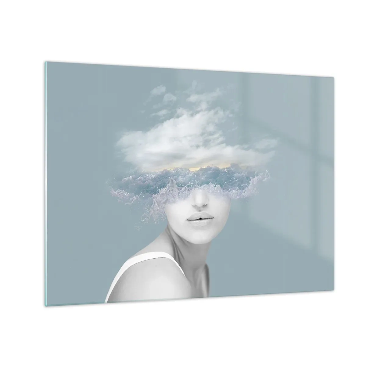 Glasbild - Bild auf glas - Das Gesicht einer Frau verschmilzt in einer surrealen Vision mit Himmel und Wolken. - 70x50cm - Mit dem Kopf in den Wolken - Moderne Wanddekoration für Wohnzimmer und Schlafzimmer ARTTOR