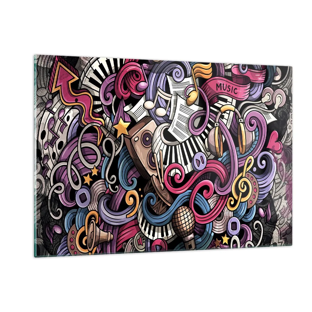 Glasbild - Bild auf glas - Bunte Musikthemen mit Noten und Instrumenten - 120x80cm - Komplizierte Melodie - Moderne Wanddekoration für Wohnzimmer und Schlafzimmer ARTTOR
