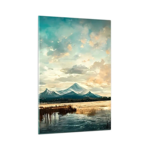 Glasbild - Bild auf glas - Eine malerische Landschaft mit einem Berg und einem ruhigen See - 80x120cm - Unter dem Schutz des Himmels - Moderne Wanddekoration für Wohnzimmer und Schlafzimmer ARTTOR