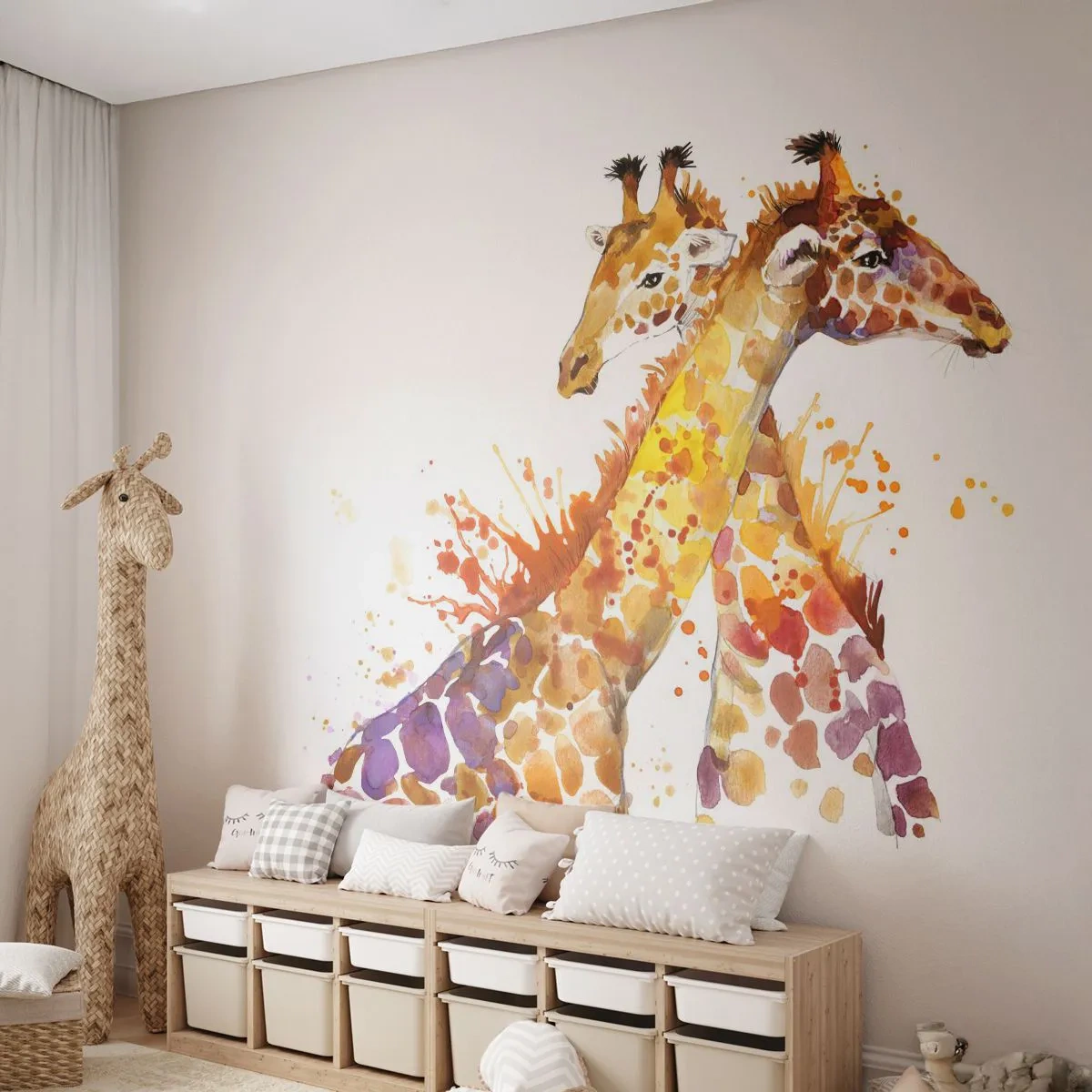 Fototapete Premium Canvas - Ist es Freundschaft oder ist es Baby? - Tiere, Giraffe, Grafik - 350x256 cm