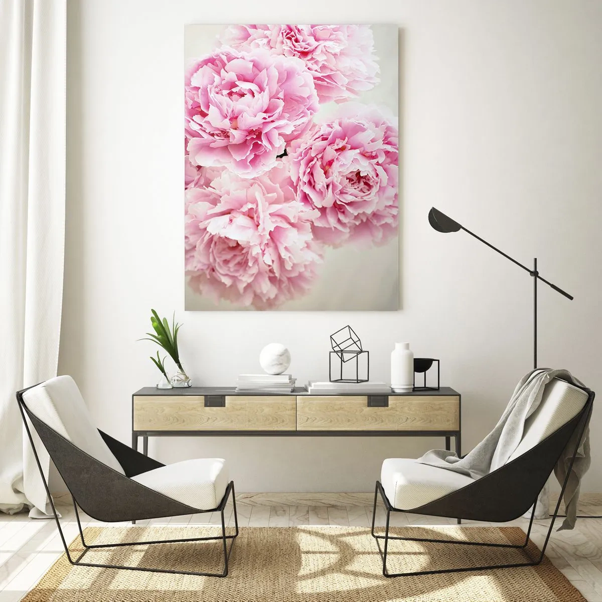 Glasbild - Bild auf glas - Ein Strauß rosa Pfingstrosen auf hellem Hintergrund - 80x120cm - In rosa Glamour - Moderne Wanddekoration für Wohnzimmer und Schlafzimmer ARTTOR