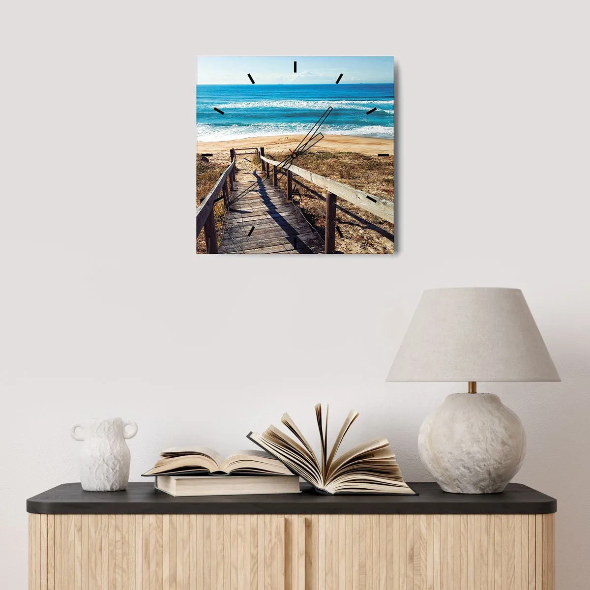 Wanduhr - Glasuhr - Holzweg zum Strand - 30x30cm - Lauf! - Moderne Wanddekoration für Wohnzimmer und Schlafzimmer ARTTOR