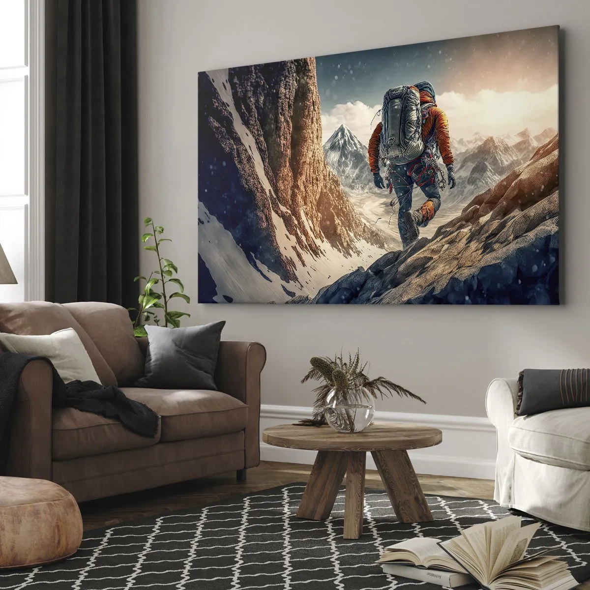 Bild auf Leinwand - Leinwandbild - Ein Bergsteiger auf einem Bergpfad in einer Winterlandschaft - 120x80cm - Einsamer Krieger - Moderne Wanddekoration für Wohnzimmer und Schlafzimmer ARTTOR
