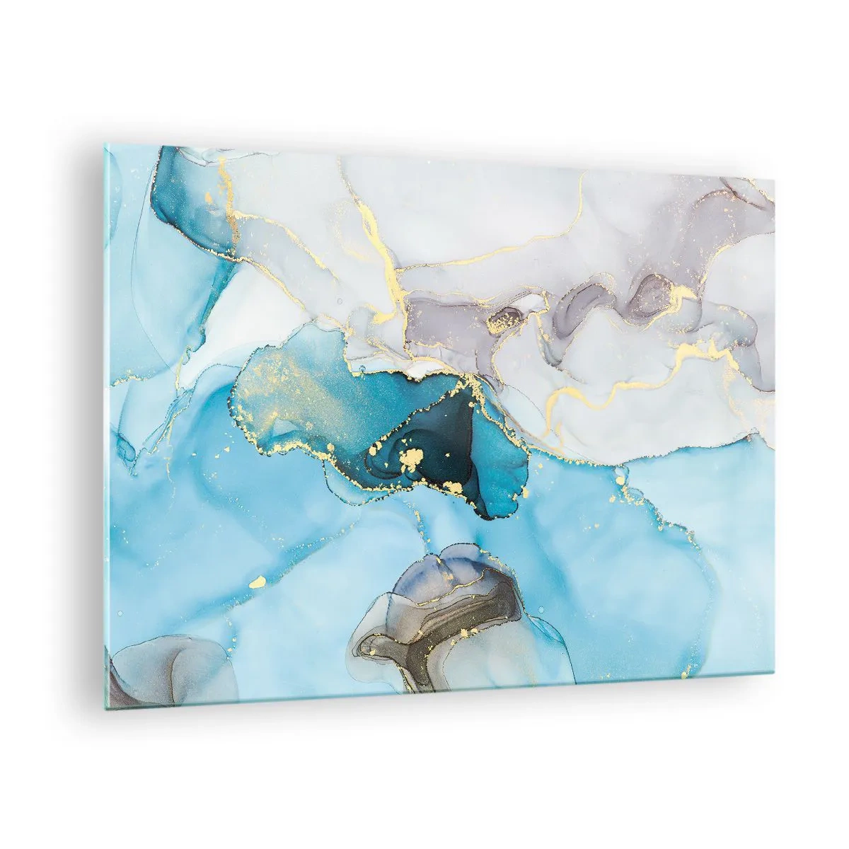 Glasbild - Bild auf glas - Türkis- und graue Wellen mit goldenen Akzenten - 70x50cm - Eine Studie über das Zusammentreffen von Grau und Türkis - Moderne Wanddekoration für Wohnzimmer und Schlafzimmer ARTTOR