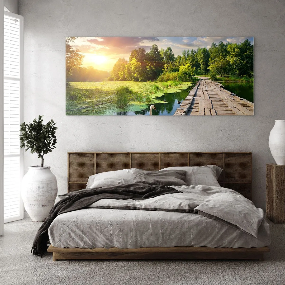 Glasbild - Bild auf glas - Eine malerische Landschaft mit einer Brücke und einem Schwan - 120x50cm - Sommer, Sommer überall - Moderne Wanddekoration für Wohnzimmer und Schlafzimmer ARTTOR
