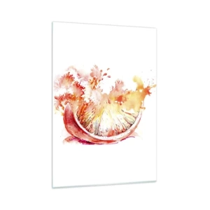 Glasbild - Bild auf glas - Aquarellmalerei eines saftigen Grapefruitsegments in Bewegung - 50x70cm - Saftige Erfrischung - Moderne Wanddekoration für Wohnzimmer und Schlafzimmer ARTTOR