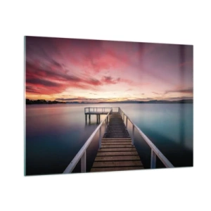 Glasbild - Bild auf glas - Lakeside Pier bei Sonnenuntergang mit einem rosa Himmel - 100x70cm - Die sanfte Flamme des Abends - Moderne Wanddekoration für Wohnzimmer und Schlafzimmer ARTTOR