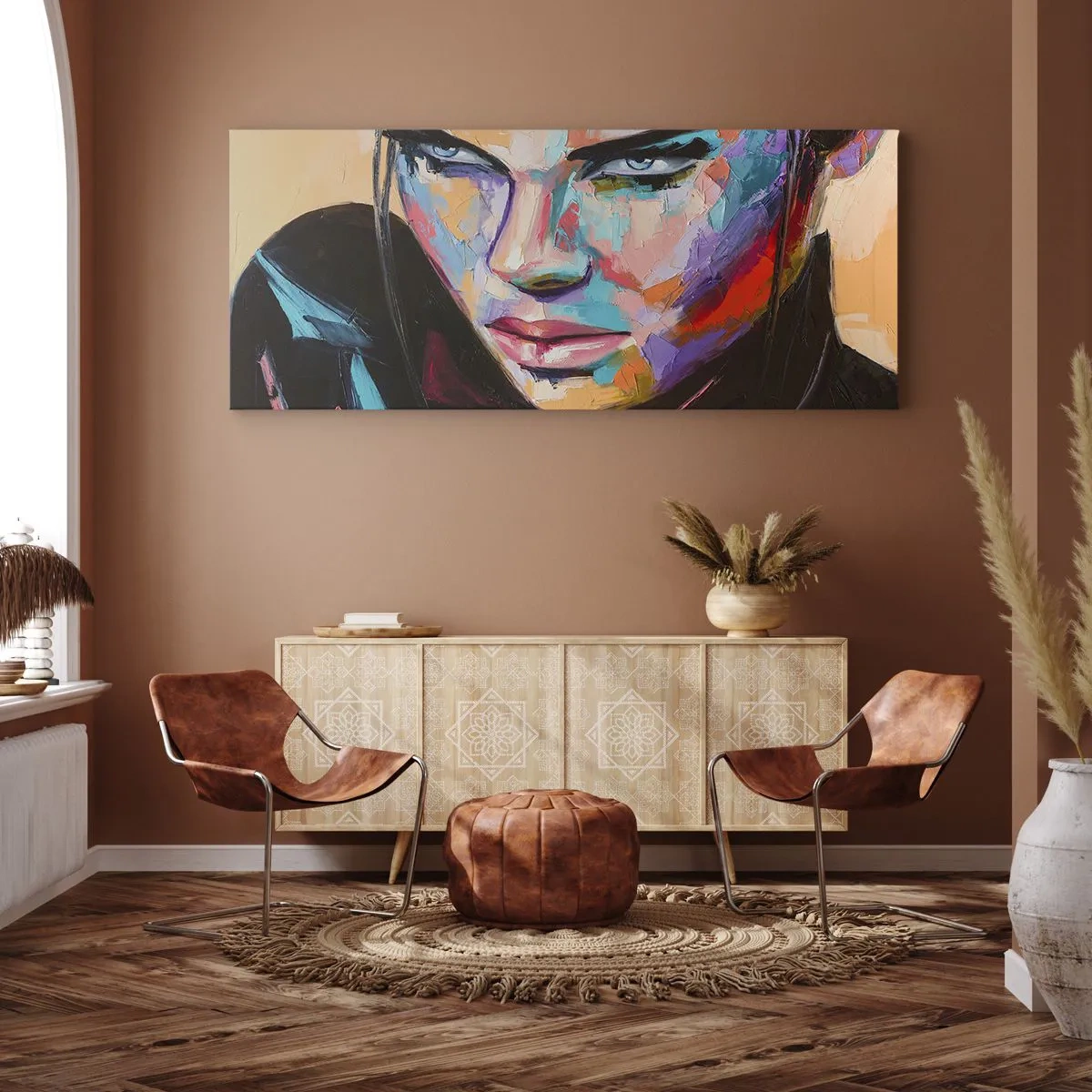 Bild auf Leinwand - Leinwandbild - Porträt einer Frau in lebendigen abstrakten Farben - 160x50cm - Wild im Herzen - Moderne Wanddekoration für Wohnzimmer und Schlafzimmer ARTTOR