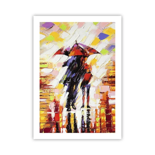 Poster - Ein Paar unter einem Regenschirm in einer farbenfrohen Abstraktion - 50x70cm - Gemeinsam durch die Nacht und den Regen - Moderne Wanddekoration für Wohnzimmer und Schlafzimmer ARTTOR