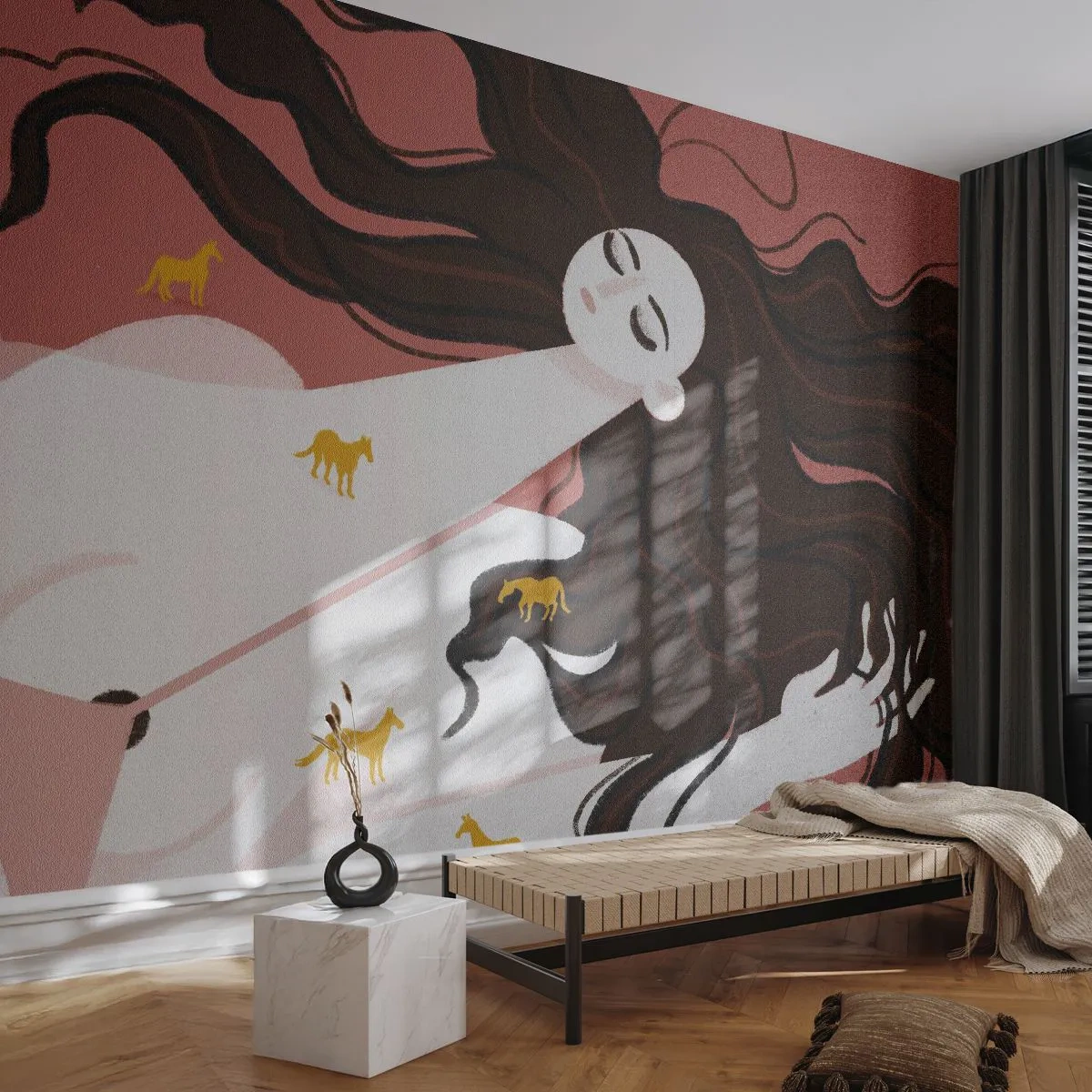 Selbstklebende Fototapete Deluxe Sticker - Traum von einem goldenen Pferd - Frau, Porträt, Minimalismus - 250x175 cm