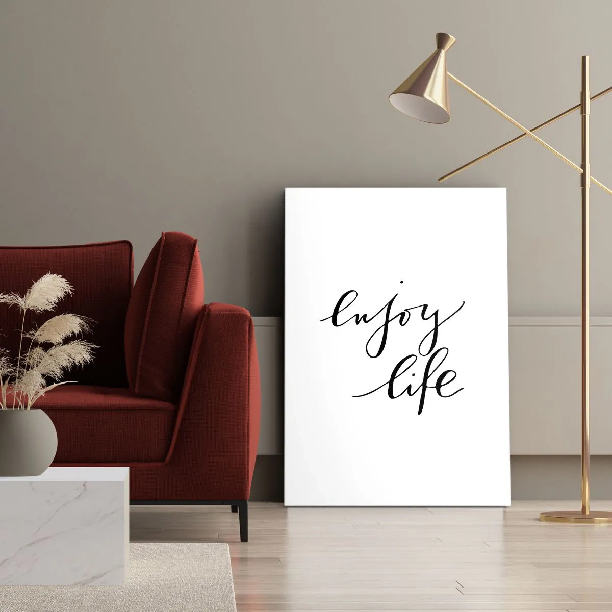 Bild auf Leinwand - Leinwandbild - Das Zitat „Genieße das Leben“ in schwarzer Kalligrafie auf weißem Hintergrund - 70x100cm - Nichts hinzufügen… - Moderne Wanddekoration für Wohnzimmer und Schlafzimmer ARTTOR