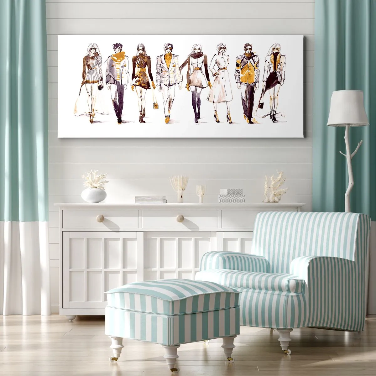 Bild auf Leinwand - Leinwandbild - Skizze einer Gruppe von Menschen in modischen Outfits - 120x50cm - Lässiger Chic, lässige Eleganz - Moderne Wanddekoration für Wohnzimmer und Schlafzimmer ARTTOR