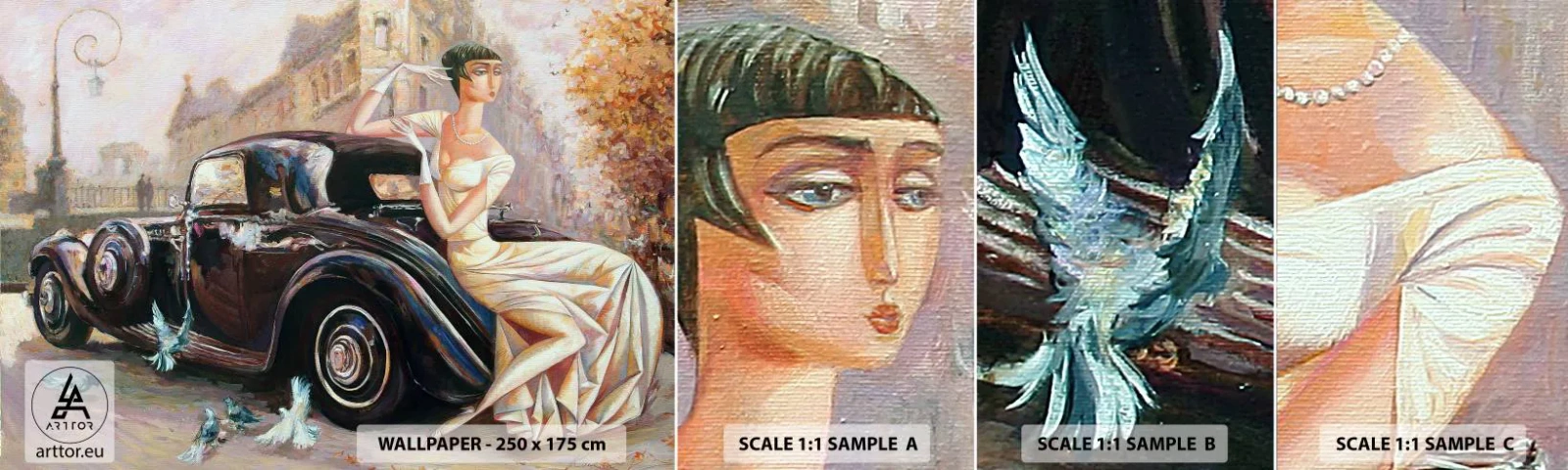 Fototapeten Muster Selbstklebend Deluxe Sticker - Eleganz im Retro-Stil - Retro-Auto, Frau, Palast - 100x30 cm