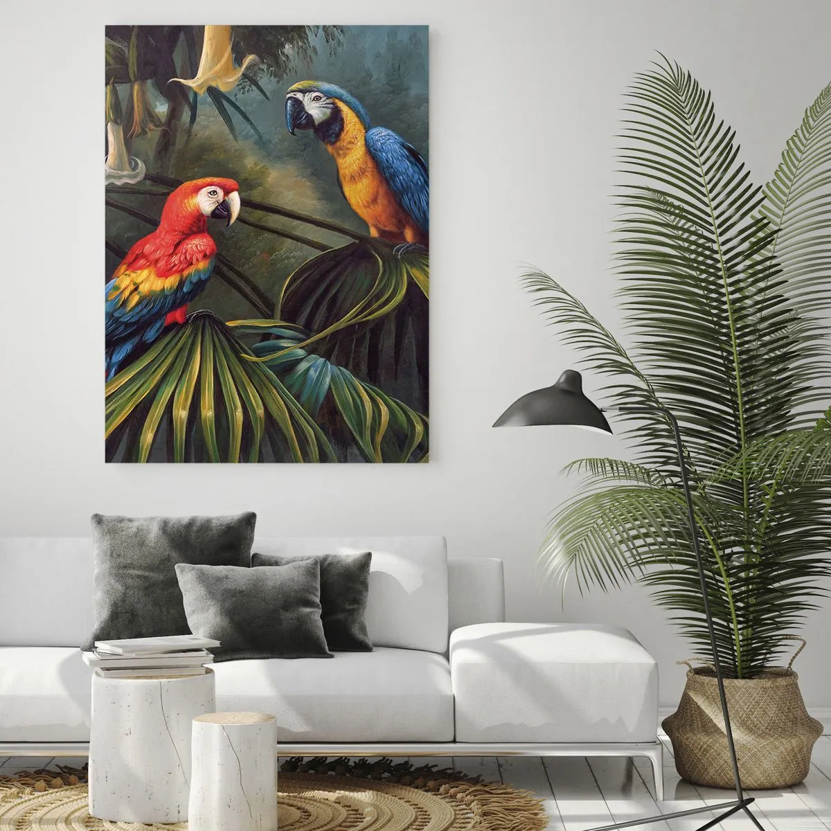 Glasbild - Bild auf glas - Zwei bunte Papageien vor dem Hintergrund eines tropischen Dschungels - 50x70cm - Romantik in den Tropen - Moderne Wanddekoration für Wohnzimmer und Schlafzimmer ARTTOR