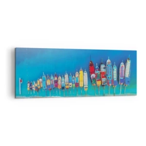 Bild auf Leinwand - Leinwandbild - Bunte Boote in einer Reihe am Ufer aufgereiht - 140x50cm - Aus der Vogelperspektive - Moderne Wanddekoration für Wohnzimmer und Schlafzimmer ARTTOR