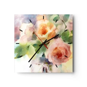 Wanduhr - Glasuhr - Zarte Rosen im Aquarell-Stil auf hellem Hintergrund - 30x30cm - Zart wie Aquarell - Moderne Wanddekoration für Wohnzimmer und Schlafzimmer ARTTOR