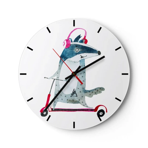 Wanduhr - Glasuhr - Dachs mit Kopfhörern auf einem Roller im Stil einer Kinderillustration - 30x30cm - Dachsfreude - Moderne Wanddekoration für Wohnzimmer, Küche und Schlafzimmer ARTTOR