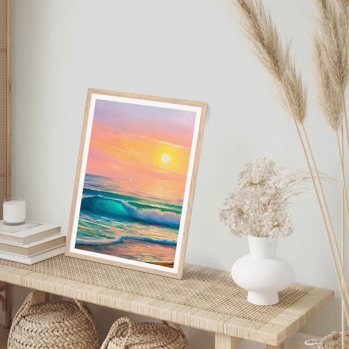 Poster in einem Rahmen aus heller Eiche - Ein türkisfarbenes Lied der Wellen - 50x70 cm
