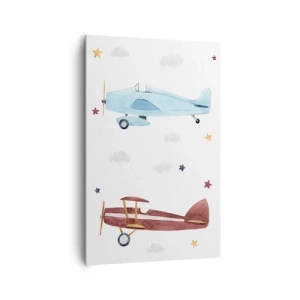 Bild auf Leinwand - Leinwandbild - Handbemalte Flugzeuge vor einem Hintergrund aus Wolken und Sternen - 80x120cm - Wir warten, Herr Pilot! - Moderne Wanddekoration für Wohnzimmer und Schlafzimmer ARTTOR