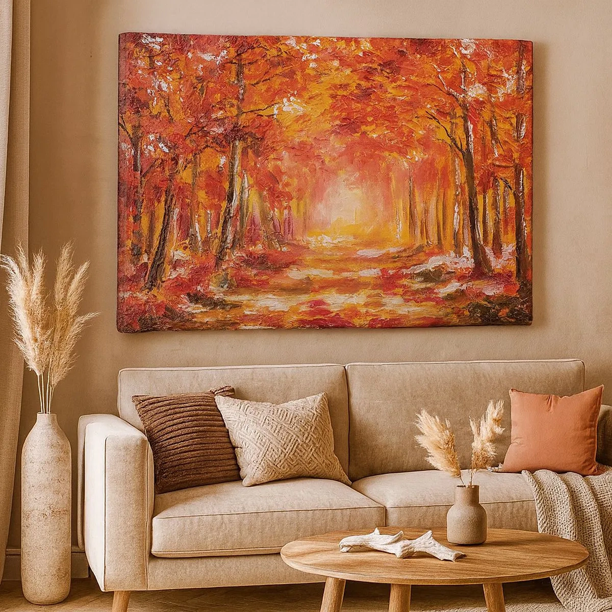 Bild auf Leinwand - Leinwandbild - Herbstwald in Kupfer- und Goldtönen - 70x50cm - Kupferwald - Moderne Wanddekoration für Wohnzimmer und Schlafzimmer ARTTOR