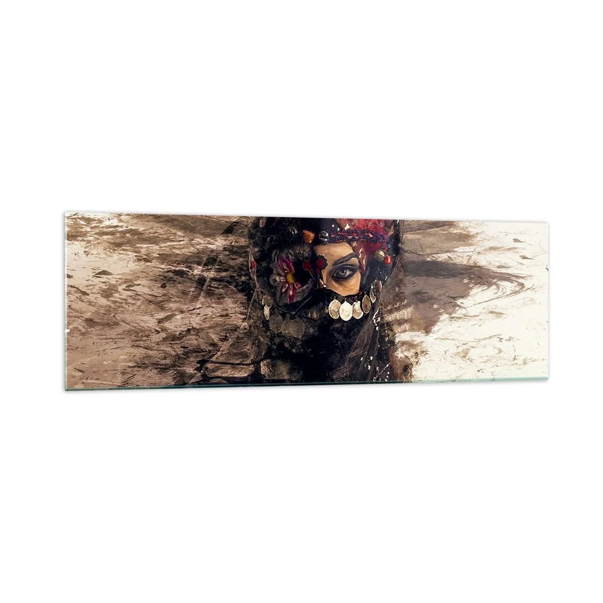 Glasbild - Bild auf glas - Künstlerisches Porträt einer Frau in orientalischer Kleidung vor abstraktem Hintergrund. - 160x50cm - Gelinde gesagt besorgniserregend - Moderne Wanddekoration für Wohnzimmer und Schlafzimmer ARTTOR