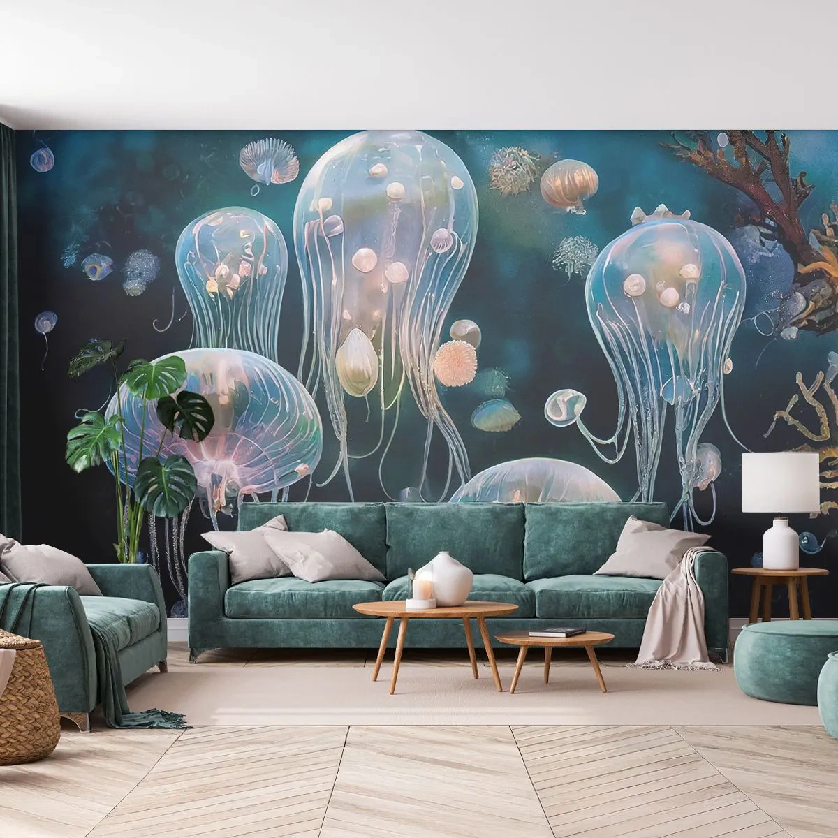 Fototapete Premium Sand - Leuchtende Quallen schwimmen in den Tiefen des Ozeans - 100x70cm - Unterwasserball - Moderne Wanddekoration für Wohnzimmer und Schlafzimmer ARTTOR