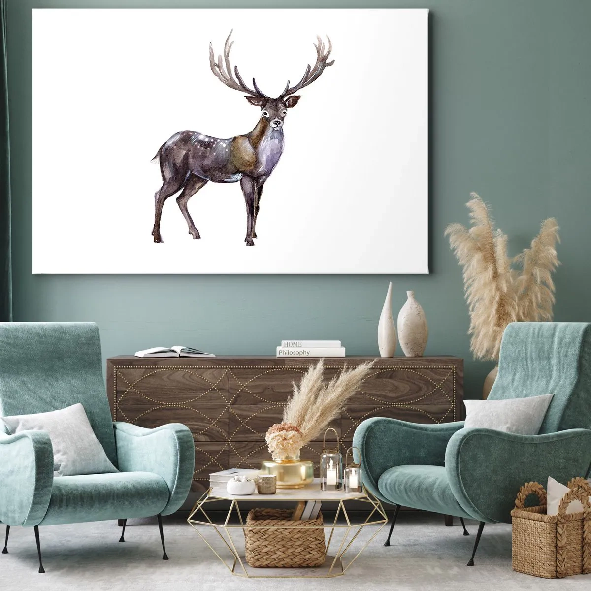 Bild auf Leinwand - Leinwandbild - Aquarell-Illustration eines Hirsches mit majestätischem Geweih - 100x70cm - König des nördlichen Waldes - Moderne Wanddekoration für Wohnzimmer und Schlafzimmer ARTTOR