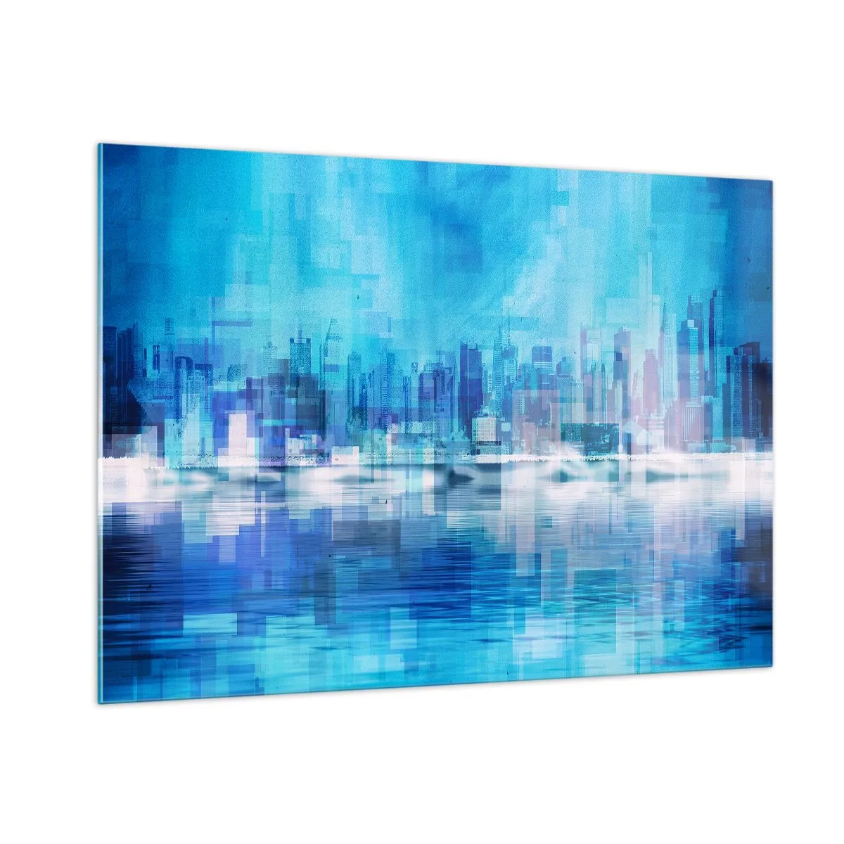 Glasbild - Bild auf glas - Ein modernes Stadtpanorama in Blautönen - 100x70cm - In Blau ertrunken - Moderne Wanddekoration für Wohnzimmer und Schlafzimmer ARTTOR