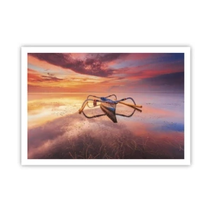 Poster - Ein Boot auf ruhigem Wasser bei Sonnenuntergang - 100x70cm - Die Ruhe eines tropischen Abends - Moderne Wanddekoration für Wohnzimmer und Schlafzimmer ARTTOR