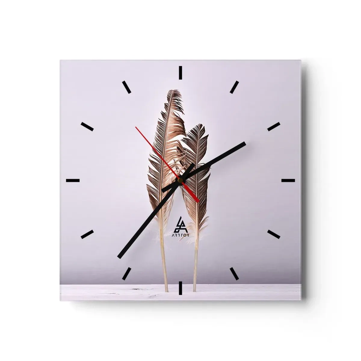 Wanduhr - Glasuhr - Zarte Federn auf hellem Untergrund im minimalistischen Stil - 30x30cm - Gegen das Nichts - Moderne Wanddekoration für Wohnzimmer und Schlafzimmer ARTTOR