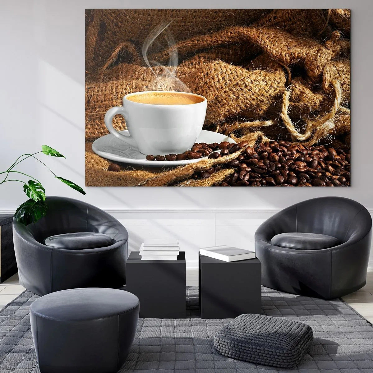 Glasbild - Bild auf glas - Eine Tasse Kaffee mit Bohnen auf einem Jute-Hintergrund - 120x80cm - Der Geruch von Mokka und die Dicke der Honigflüssigkeit - Moderne Wanddekoration für Wohnzimmer und Schlafzimmer ARTTOR
