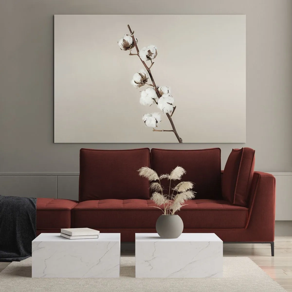 Glasbild - Bild auf glas - Ein Baumwollzweig auf hellem, minimalistischem Hintergrund - 70x50cm - An der Quelle der Weichheit - Moderne Wanddekoration für Wohnzimmer und Schlafzimmer ARTTOR